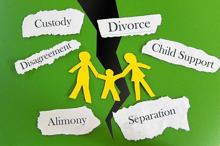 Paper graphic displaying various aspects of Family Law, including separation and divorce, child support, child custody, common law, guardianship, grandparent's rights and domestic violence.